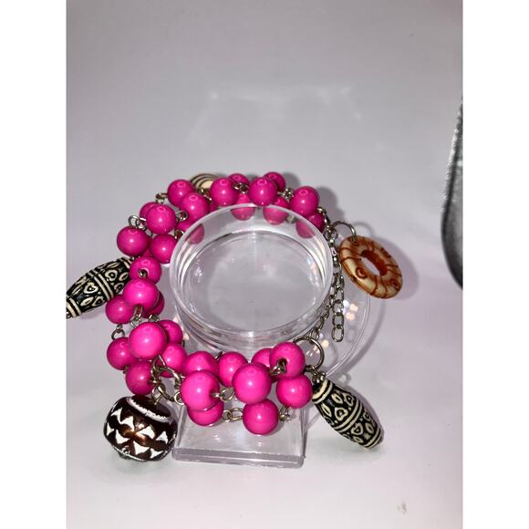 Pink Beaded Wood Ethnic Charms 9 3/8" Bracelet Vintage! - Picture 5 of 8